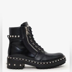 Balmain Black Leather Combat Boots with Silver Studs